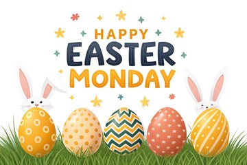 Happy Easter Monday Greeting With Colorful Decorated Eggs And Cartoon Bunnies In Grass