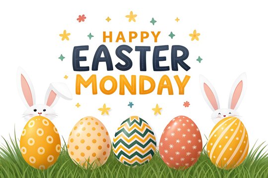 Happy Easter Monday Greeting With Colorful Decorated Eggs And Cartoon Bunnies In Grass

