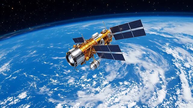 Satellite orbiting Earth with solar panels