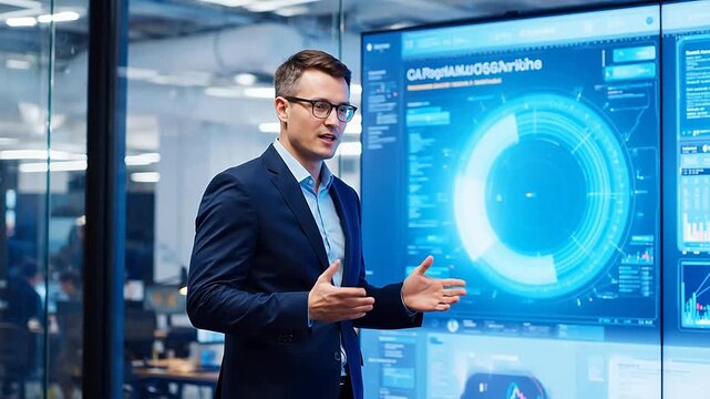 Man in suit presenting on digital screen