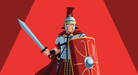 Obraz premium Brave Roman centurion soldier wearing a helmet and red cape stands ready for battle with a sharp sword and shield.