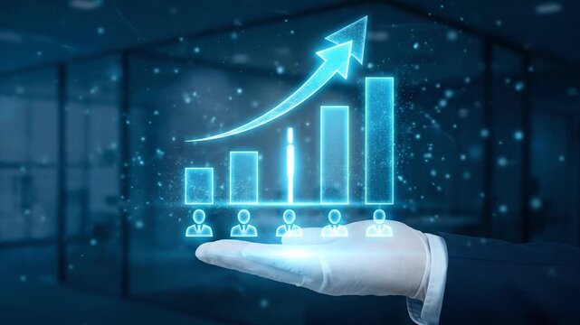 Digital data kpi analysis reveals employee productivity performance review with glowing charts and rising bar symbols showing growth success business metrics workforce management and business