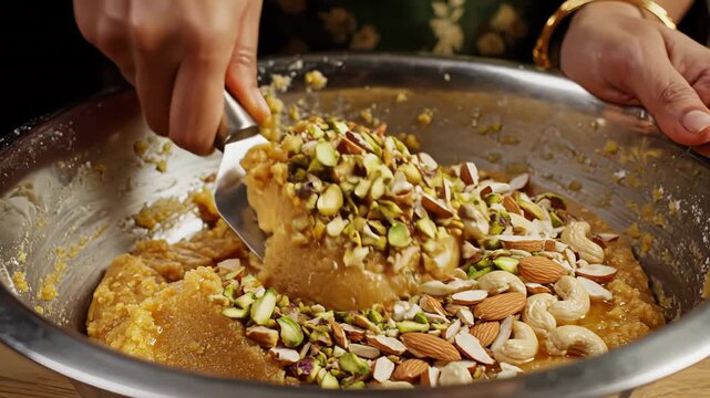 Close Up of a Hand Preparing a Traditional Indian Dessert with Chopped Nuts and Pistachios in a Metal Bowl
