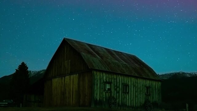 Stars and faint northern lights moving over an old wooden barn at night, Montana, time lapse