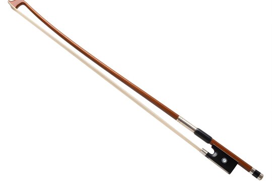 Violin bow on white background, isolated musical instrument, brown and white color