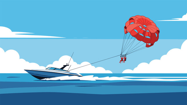 Thrilling scene of two people parasailing behind a fast speedboat over the deep blue ocean under a bright summer sky.