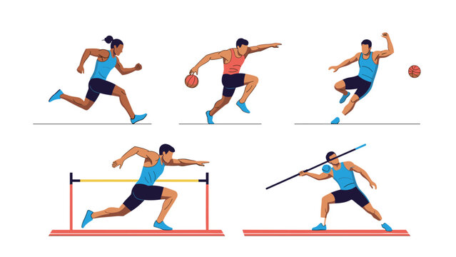 Athletes compete in various track and field sports including running, basketball, hurdles, and javelin throwing events.