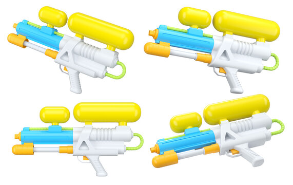 Set of plastic water gun toy for playing in swimming pool on white background