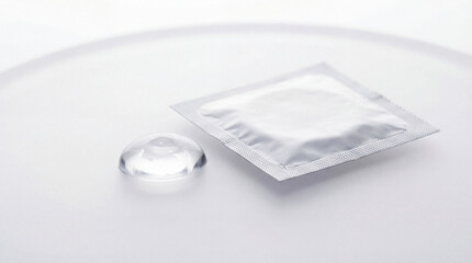 Condom packet with lubricant gel closeup. Transparent lubricant beside foil wrapper on white surface highlights condom use, contraception, sexual wellness, hygiene, protection, medical banner