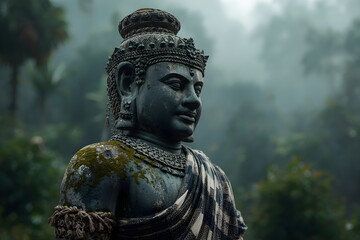 Obraz premium Ancient stone Buddha statue covered in moss wearing a checkered cloth in a misty forest