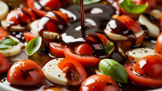 Caprese salad with balsamic glaze being poured; fresh basil visible in close-up