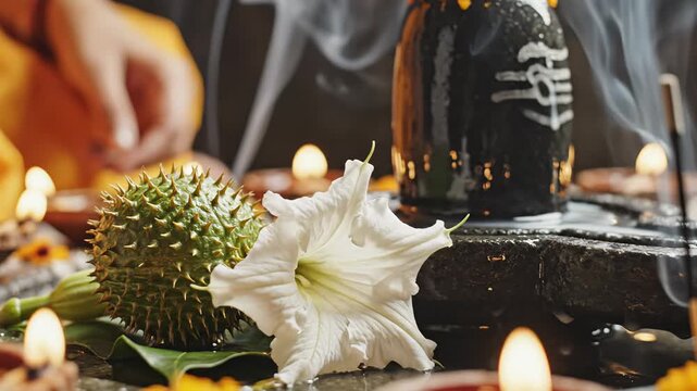 Close Up of White Datura Flower and Spiky Fruit Beside Black Shiva Lingam With Flickering Diyas and Incense Smoke During Prayer Ceremony