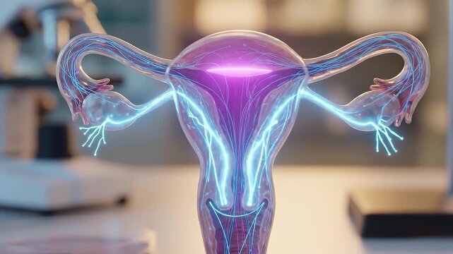 Female organ anatomy uterus ovary cervix medical illustration glowing neural network reproductive system and fertility gynecology education concept medical science model laboratory research pelvic