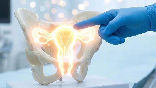 Female organ anatomy uterus ovary cervix pelvis pelvic bone skeleton medical education concept glowing diagram model reproductive system fertility gynecology study health care learning doctor hand