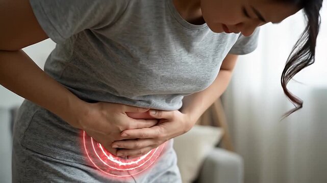 Female woman adult pain stomach abdomen pelvis organ anatomy uterus ovary cervix cramp discomfort reproductive health disorder medical diagnosis treatment education graphic style