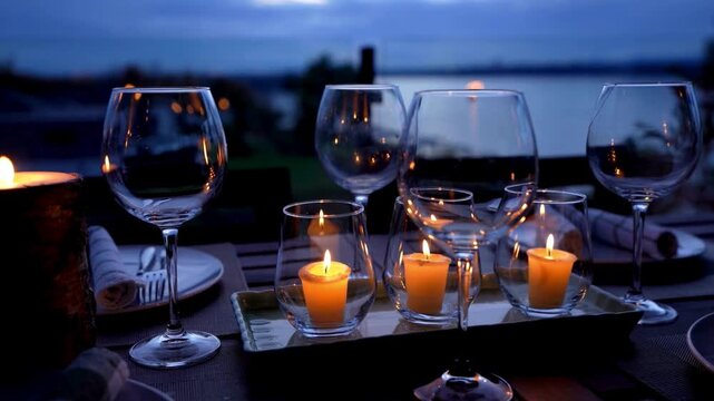 Scenic moment of Romantic Candlelight Dinner in a  Luxury Waterfront Dining at Sunset. Elegant wine glasses and warm candlelight against a tranquil twilight backdrop
