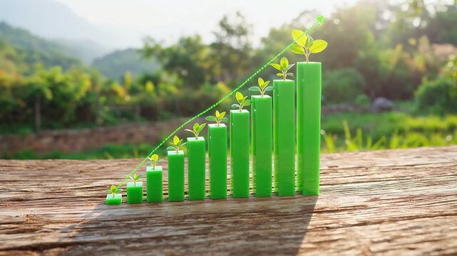 Green growth chart with plants on wood