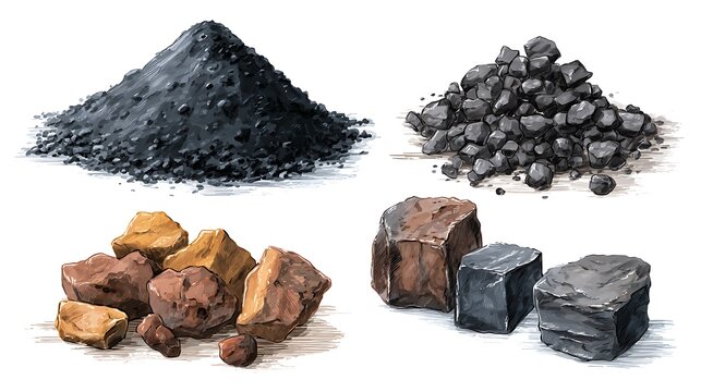 Various Coal Pile Illustrations Black and Brown Coal Rocks Crushed Coal and Coal Pieces.