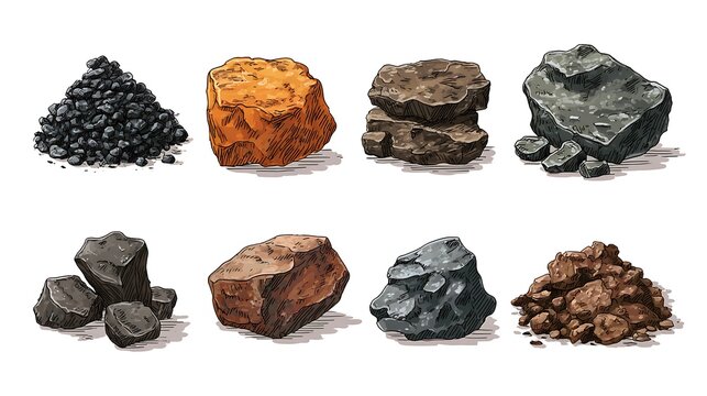 Various Coal Pile Illustrations Black and Brown Coal Rocks Crushed Coal and Coal Pieces.