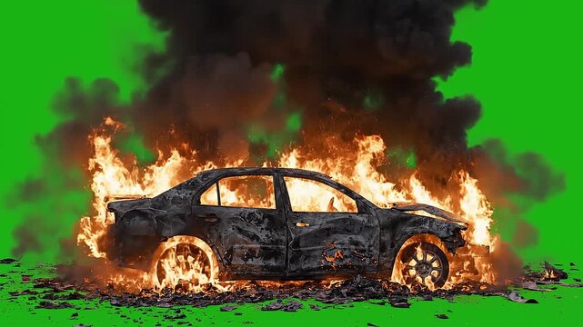 Burned Car Shell Engulfed in Fire and Black Smoke on Green Screen