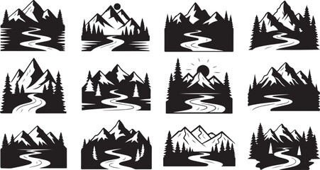 Obraz premium Mountain Landscape Icons with Trees and Winding Rivers Series