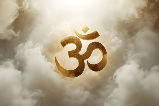 Majestic 3D golden Om symbol floating in soft warm ethereal clouds
