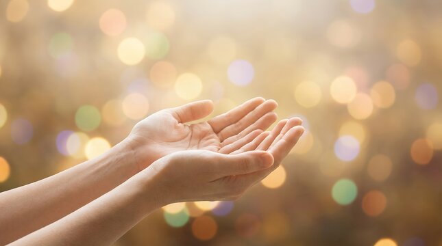 Close up of two open human hands cupped upwards palms facing each other against a soft bokeh of golden and multicolored lights Hands 186 cupped hands open hands palms up receiving