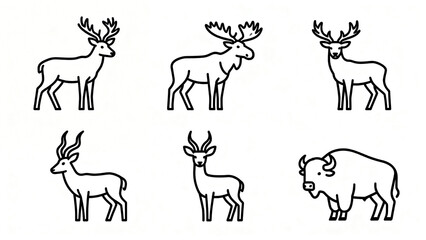 Fototapeta premium Forest wildlife icon set featuring moose and deer in elegant outline style for nature, hunting, conservation and educational projects.