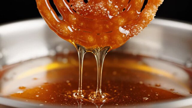 Close up of a golden brown Jalebi sweet dripping with golden syrup in a silver bowl against a dark background, macro shot of traditional Indian dessert