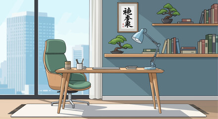 Fototapeta premium Modern Home Office with Bonsai Trees and City View