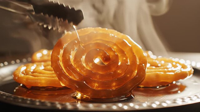 Close-up of a steaming golden brown jalebi pastry being held by tongs, glistening with sweet syrup on a silver platter with a soft focus background and warm lighting creating an inviting atmosphere