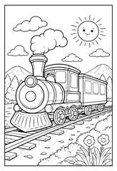 Cartoon steam train traveling along railroad tracks through a scenic mountain forest landscape with charming clouds and a happy smiling sun, cute video footage on white background. on white background © Hokyubi
