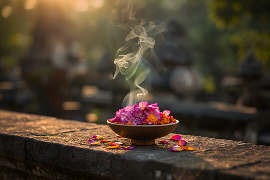 Traditional Balinese flower offering Canang Sari with incense smoke at sunset
