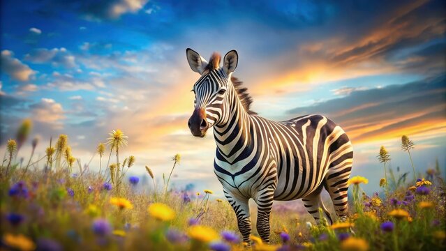A photo of a cute zebra standing against a vibrant blue background with wildflowers in the distance