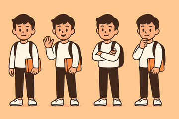 Obraz premium Set of four cartoon illustrations of a student boy with backpack and book showing different gestures—standing, waving hello, arms crossed confidently, and thinking pose—isolated on beige background.