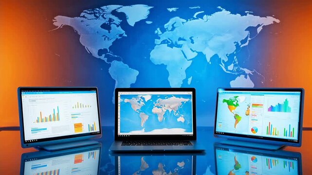 Three laptops displaying global data on a world map backdrop