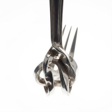 Artistic bent fork sculpture isolated on a clean white background, showcasing intricate metal twists and reflections