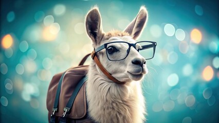 Fototapeta premium A photo of a llama wearing glasses and a backpack against a light blue background