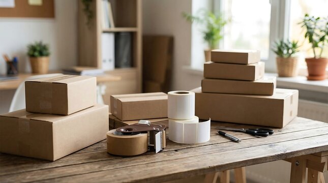 Cardboard boxes stacked for shipping, with tape and labels on a wooden table, ideal for e-commerce businesses and logistics