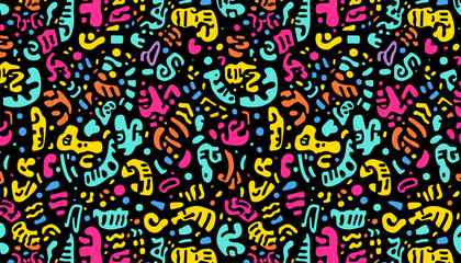 Fototapeta premium Colorful pop art style abstract illustration featuring expressive cartoon icons including smiley faces, thumbs up, speech bubble, eye symbol, and geometric shapes in a bold comic pattern.