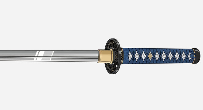 Close-up of a Japanese Katana Sword Hilt and Blade with Blue Handle Wrap