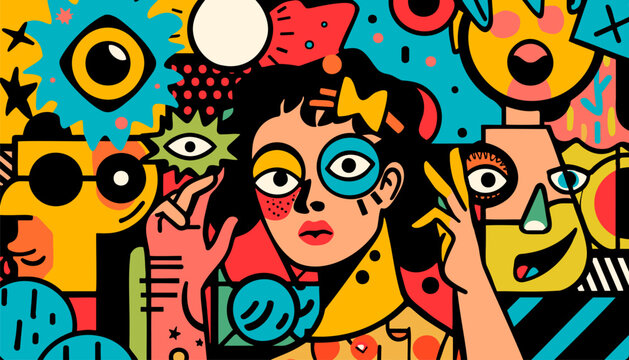 Colorful pop art style abstract illustration featuring expressive cartoon icons including smiley faces, thumbs up, speech bubble, eye symbol, and geometric shapes in a bold comic pattern.