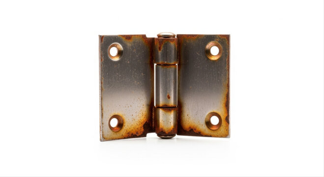 Rusty metal hinge isolated on a clean white background, displaying aged patina and weathered texture with four mounting holes, centered composition