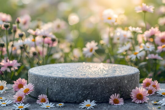 Empty stone podium covered in water drops surrounded by spring flowers