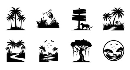 Tropical island scenes with animals and signage all in silhouette © Muskan