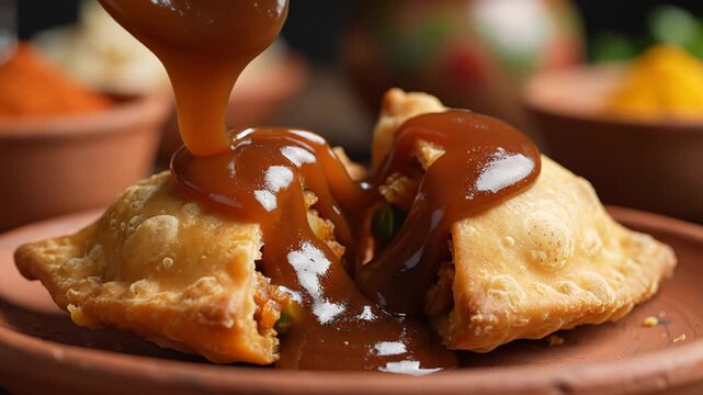 Golden Brown Samosas Filled With Spiced Potatoes And Peas Drizzled With Savory Sauce Garnished With Fresh Cilantro And Chili Powder Served On A Clay Plate With Spices In The Background Macro Shot