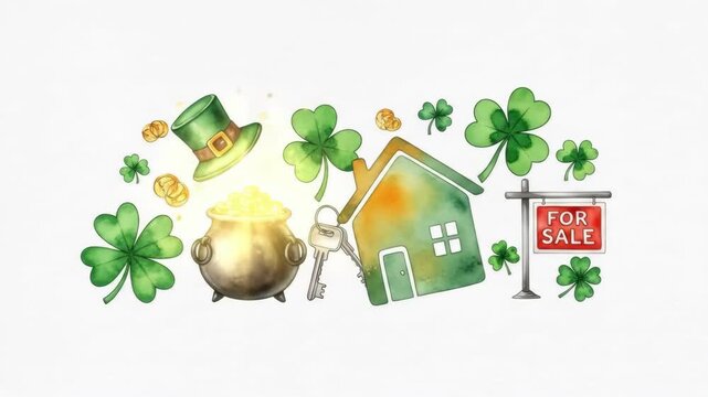 St. Patricks Day house sale concept with shamrocks, leprechaun hat, pot of gold, keys, and for sale sign illustration for template background.