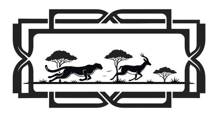 African savanna scene with cheetah and gazelle inside an ornate frame silhouette © Muskan