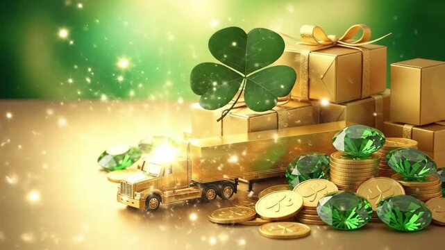 Golden truck with shamrock. St. Patricks Day celebration with gift, coin, emerald gem. Luck, wealth, holiday concept.