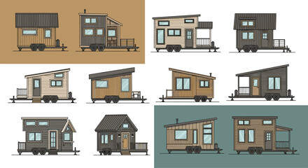 Collection of various tiny house designs and layouts on different backgrounds, Generative AI.
